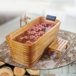 rectangular wooden bathtub