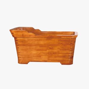 bañera rectangular de madera con reposacabezas