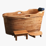 wooden bathtub with handrails and headset